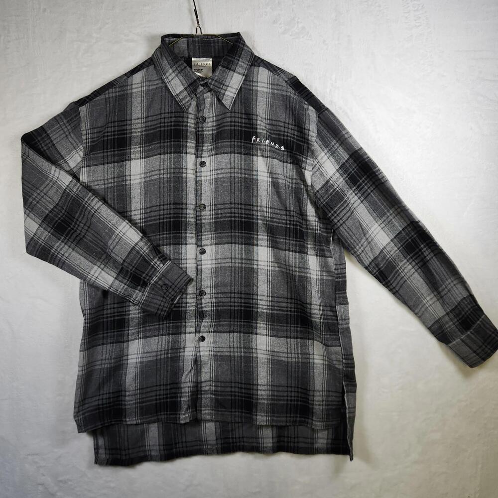 Friends‎ Plaid Flannel Long Sleeve Button Up Shirt Black Gray Back Graphic Sz S